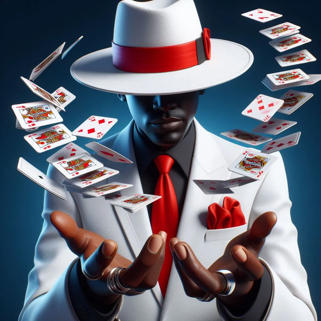 a man in a white suit and red tie holding playing cards 9/16