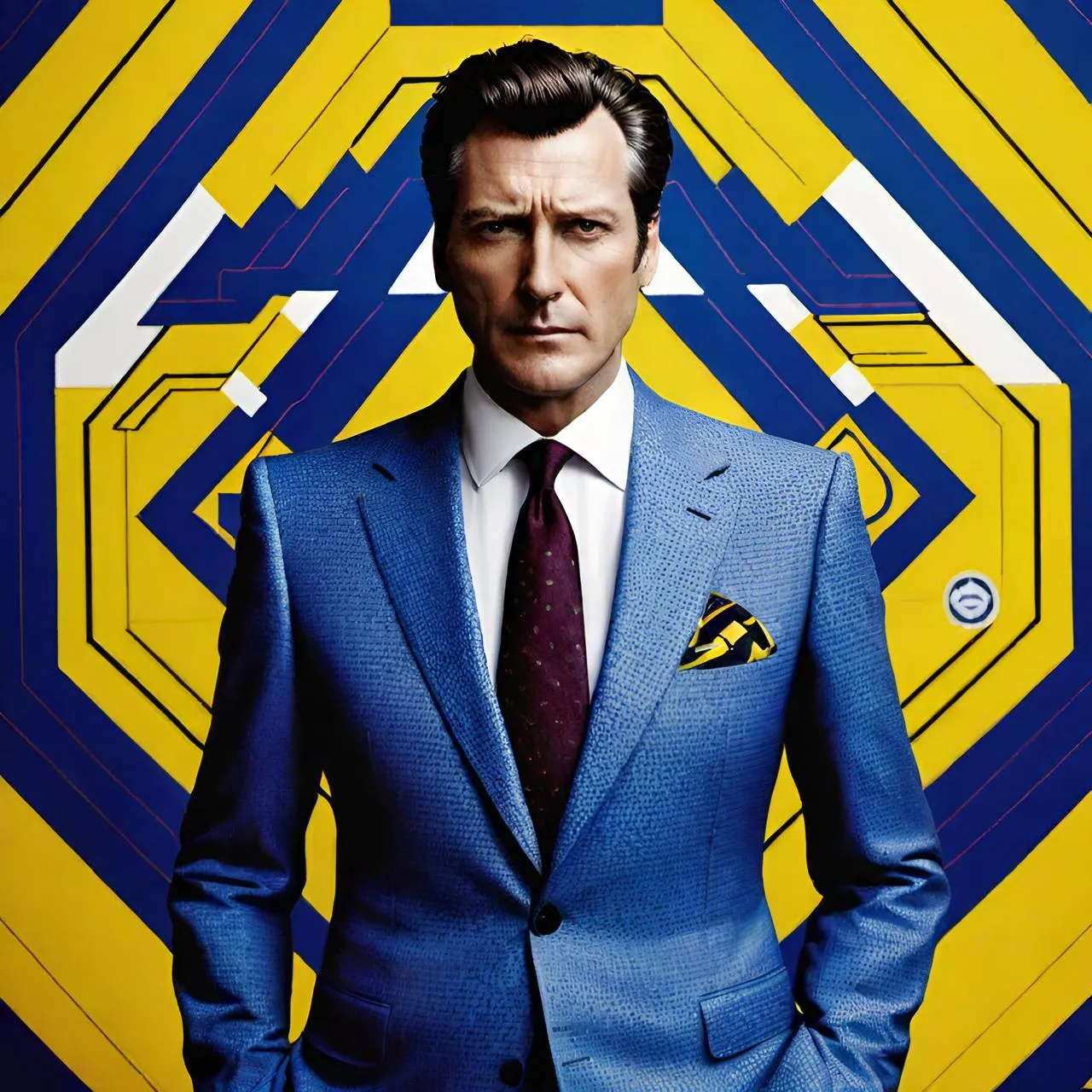 a man in a blue suit and tie standing in front of a yellow and blue