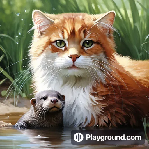 a painting of an orange and white cat and an otter