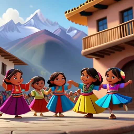 a group of children dancing in front of a mountain