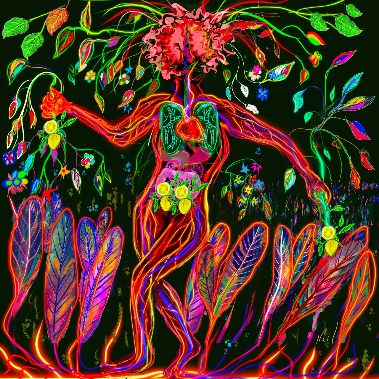 a painting of a human being surrounded by leaves and flowers dancing and jumping