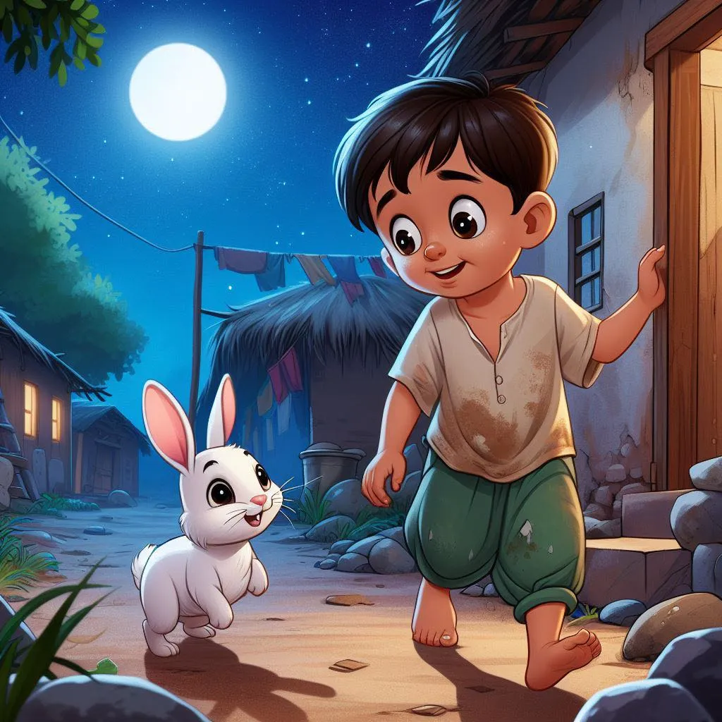 a little boy is playing with a rabbit