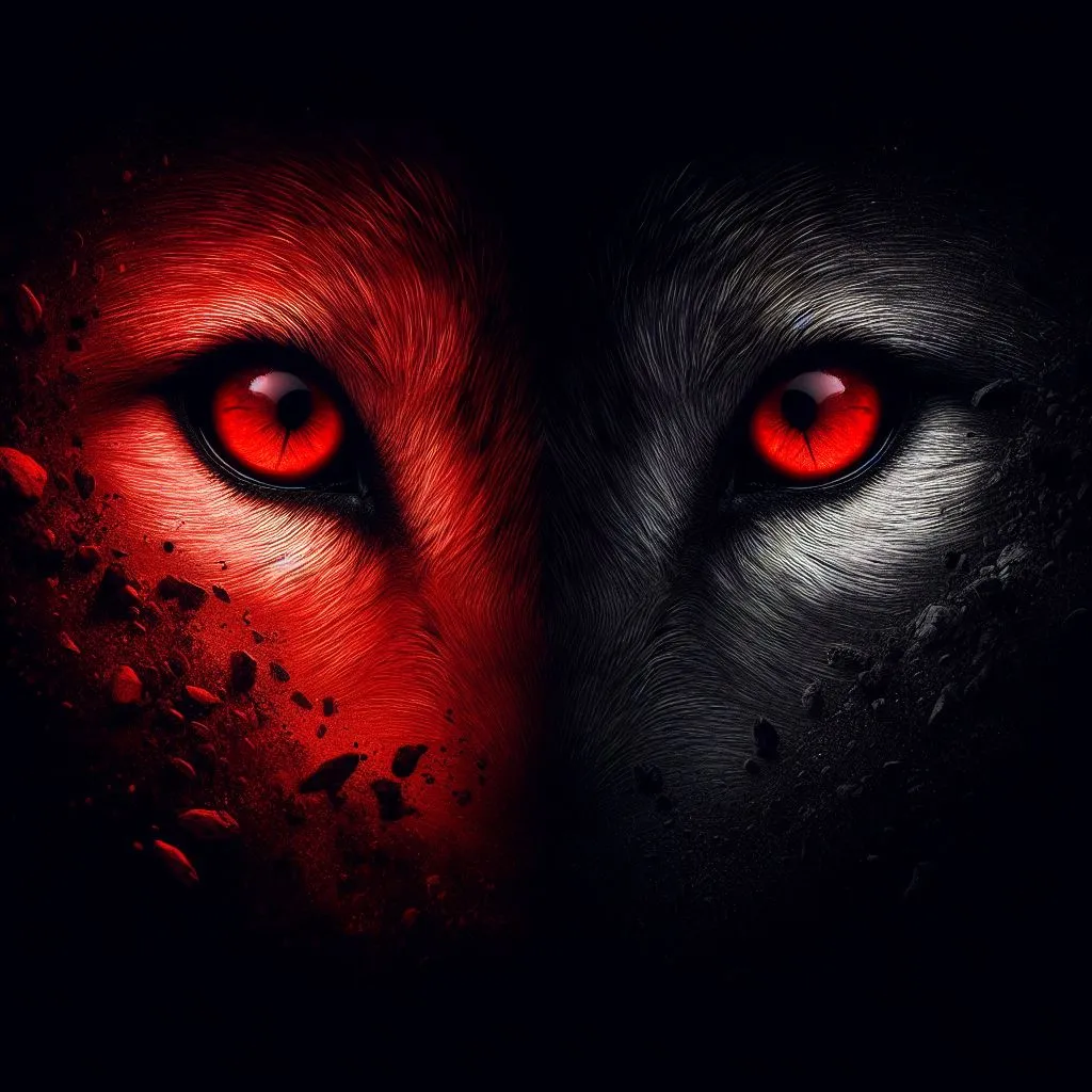 a wolf's face with red eyes