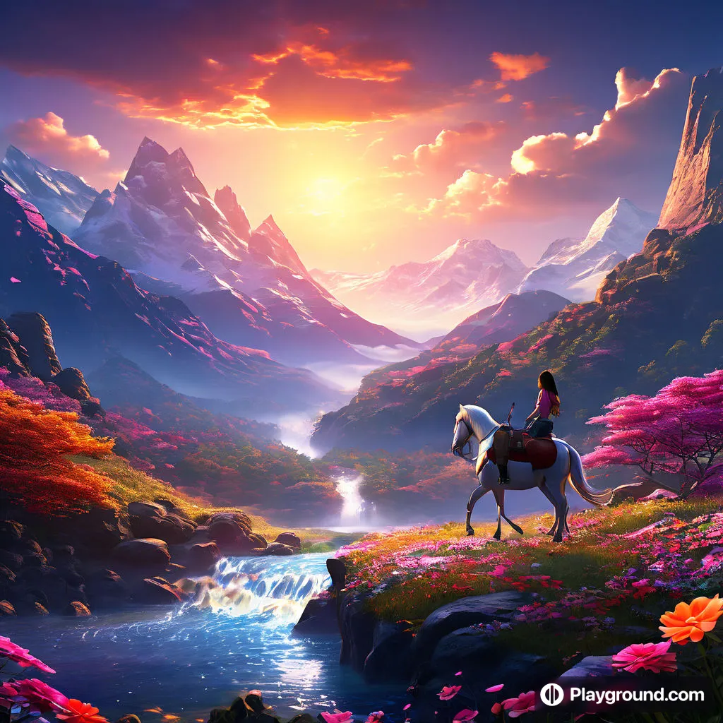 a painting of a girl riding a horse in the mountains