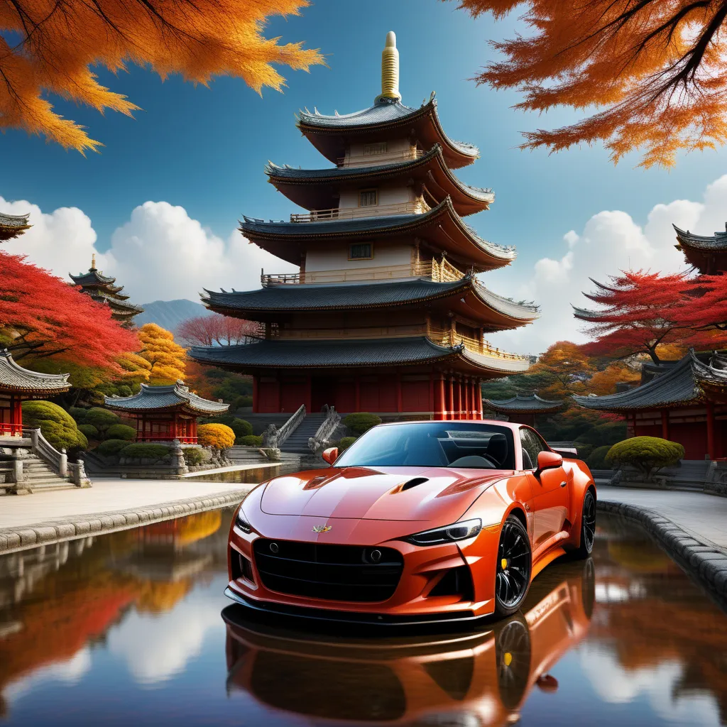 a red sports car parked in front of a pagoda