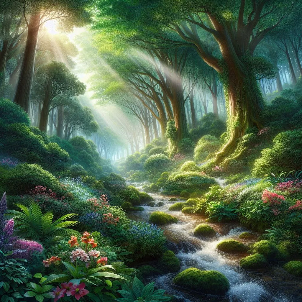 a painting of a stream running through a forest