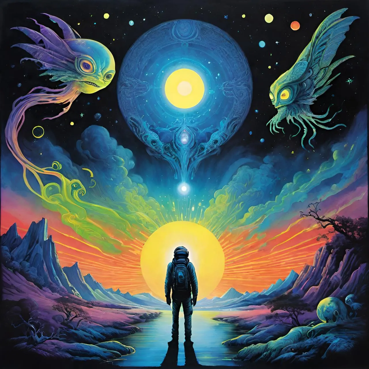 a painting of a man standing in front of an alien landscape