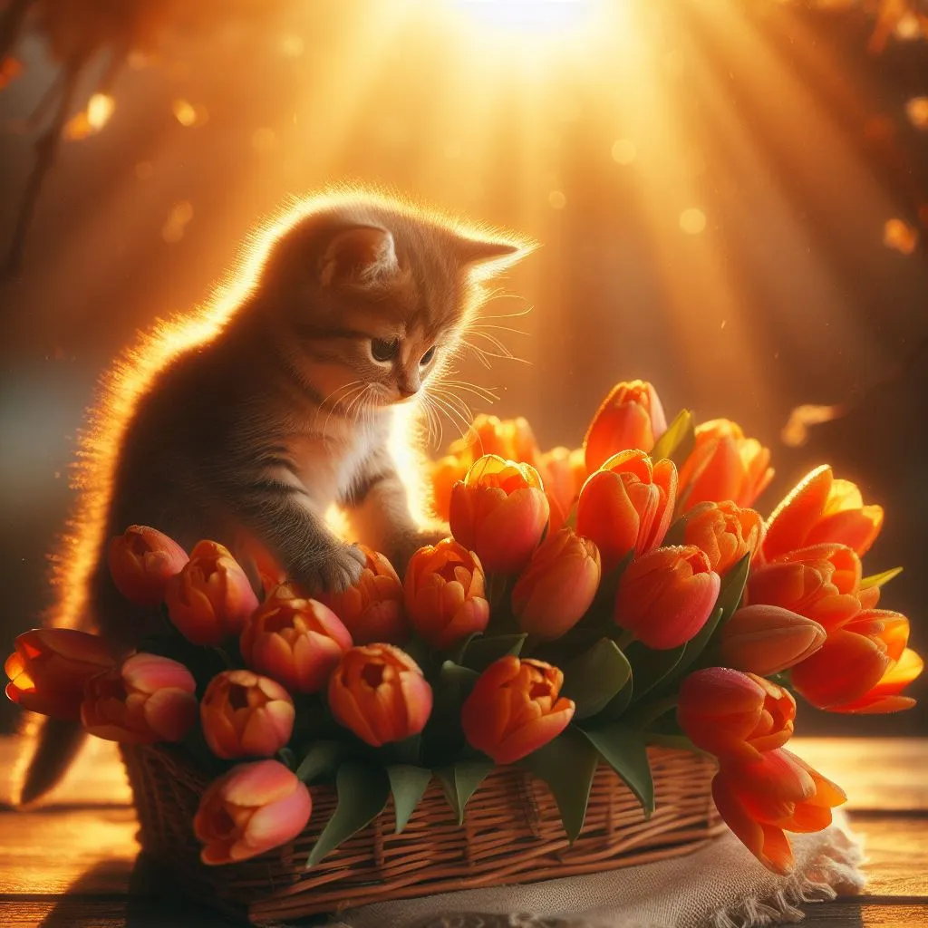 The kitten leans towards the flowers, the background is motionless