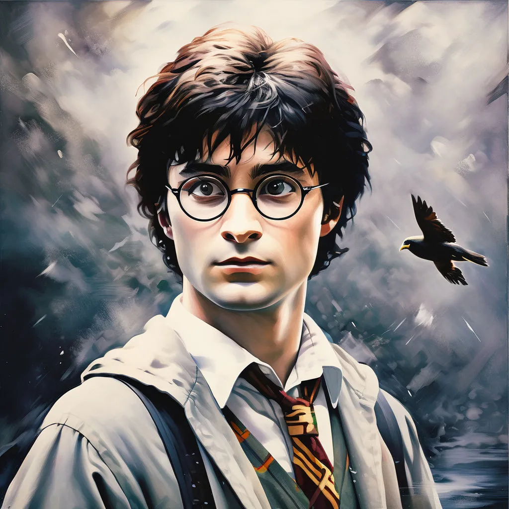 a painting of harry potter with a bird on his shoulder