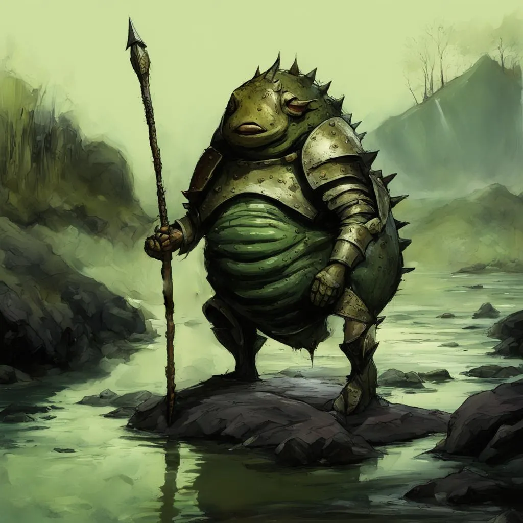 old fat armored lizardman with a spear standing on a rock in the water