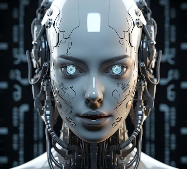 a woman with blue eyes and a robot head moving the  face