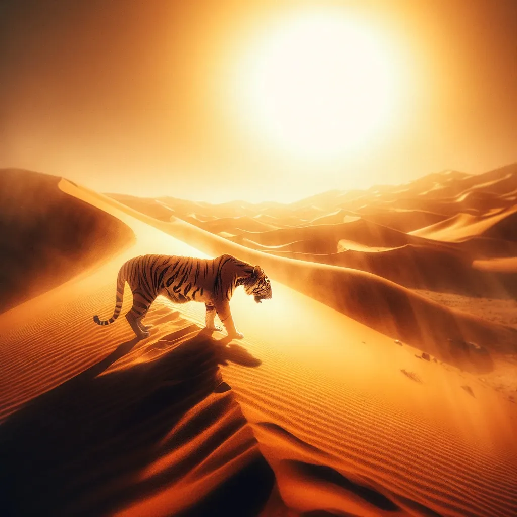 a tiger walking across a desert at sunset