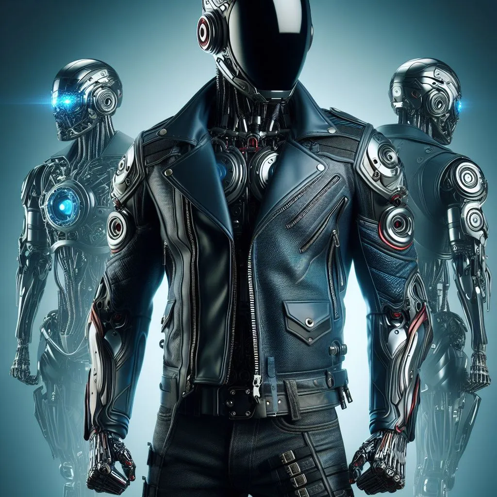 a man in a black leather jacket standing next to three robots