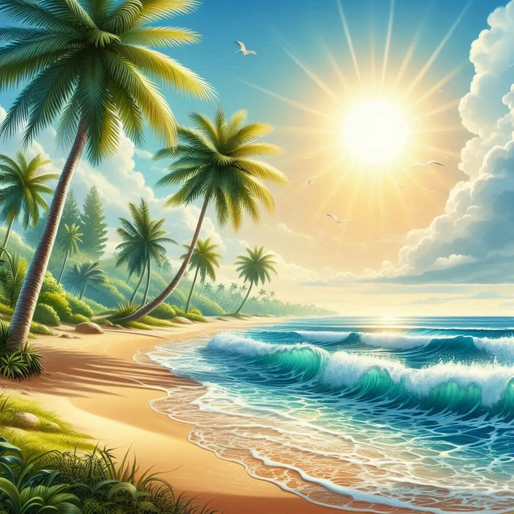 a painting of a tropical beach with palm trees