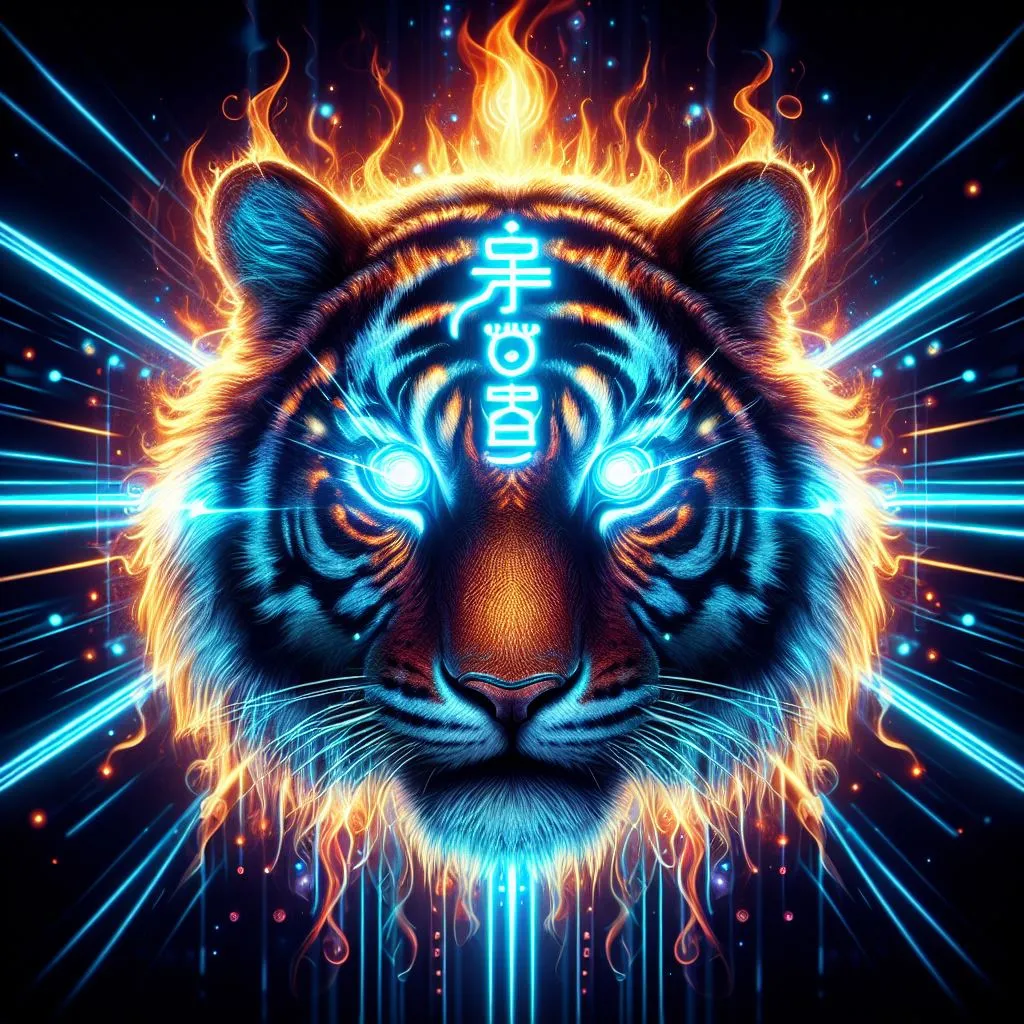 a tiger's face with bright blue and orange lights