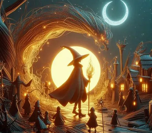 a painting of a wizard standing in front of a full moon