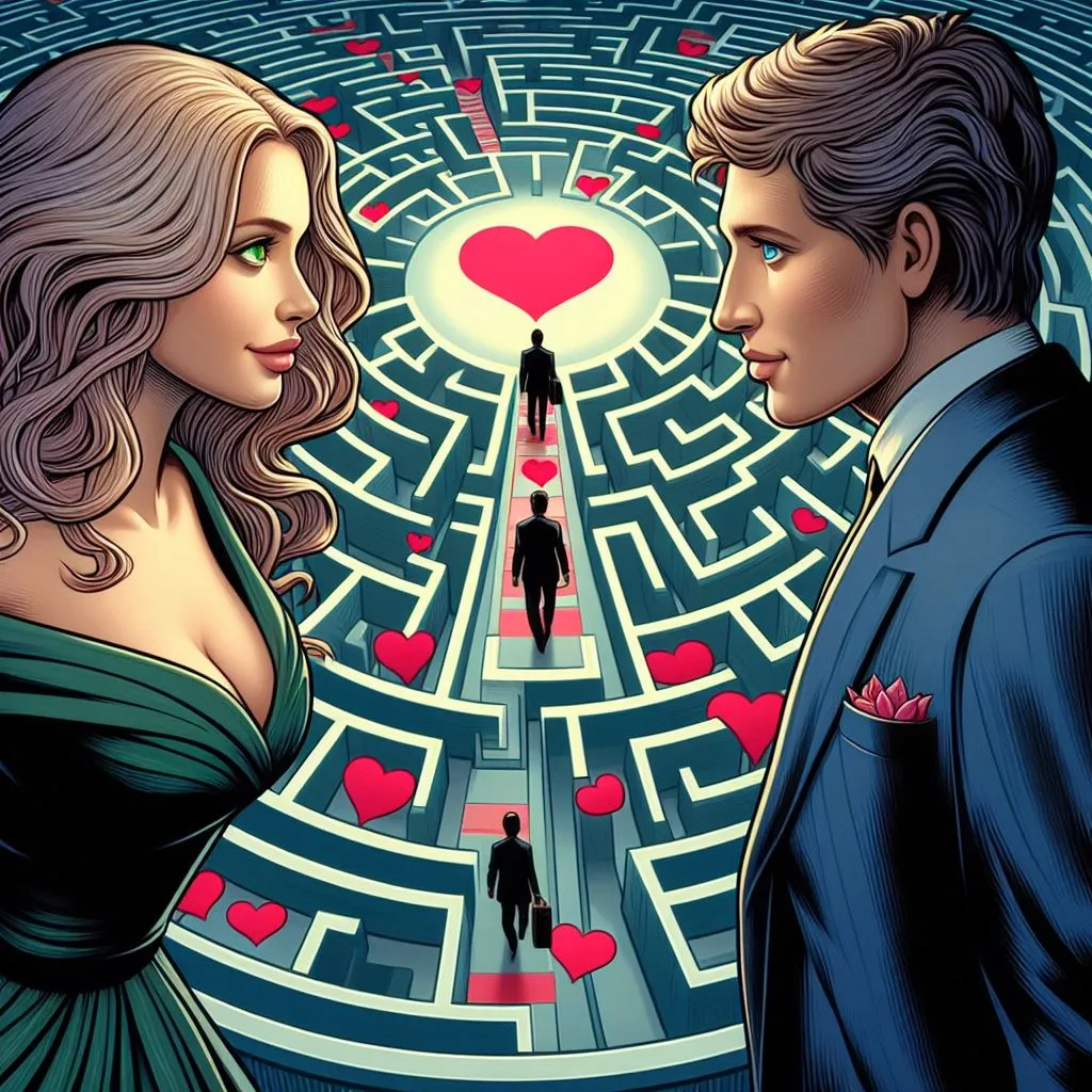 a man and a woman standing in front of a maze