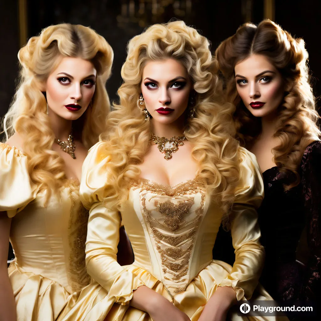 three beautiful women dressed in fancy dresses posing for a picture