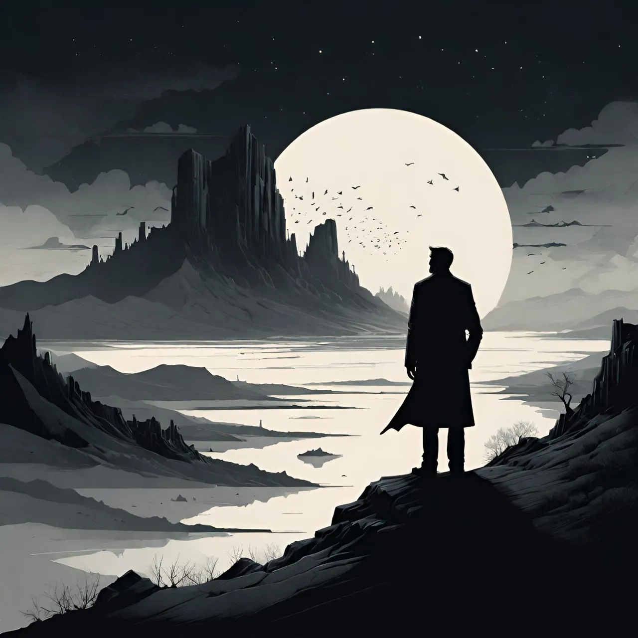 a man standing on top of a hill looking at the moon