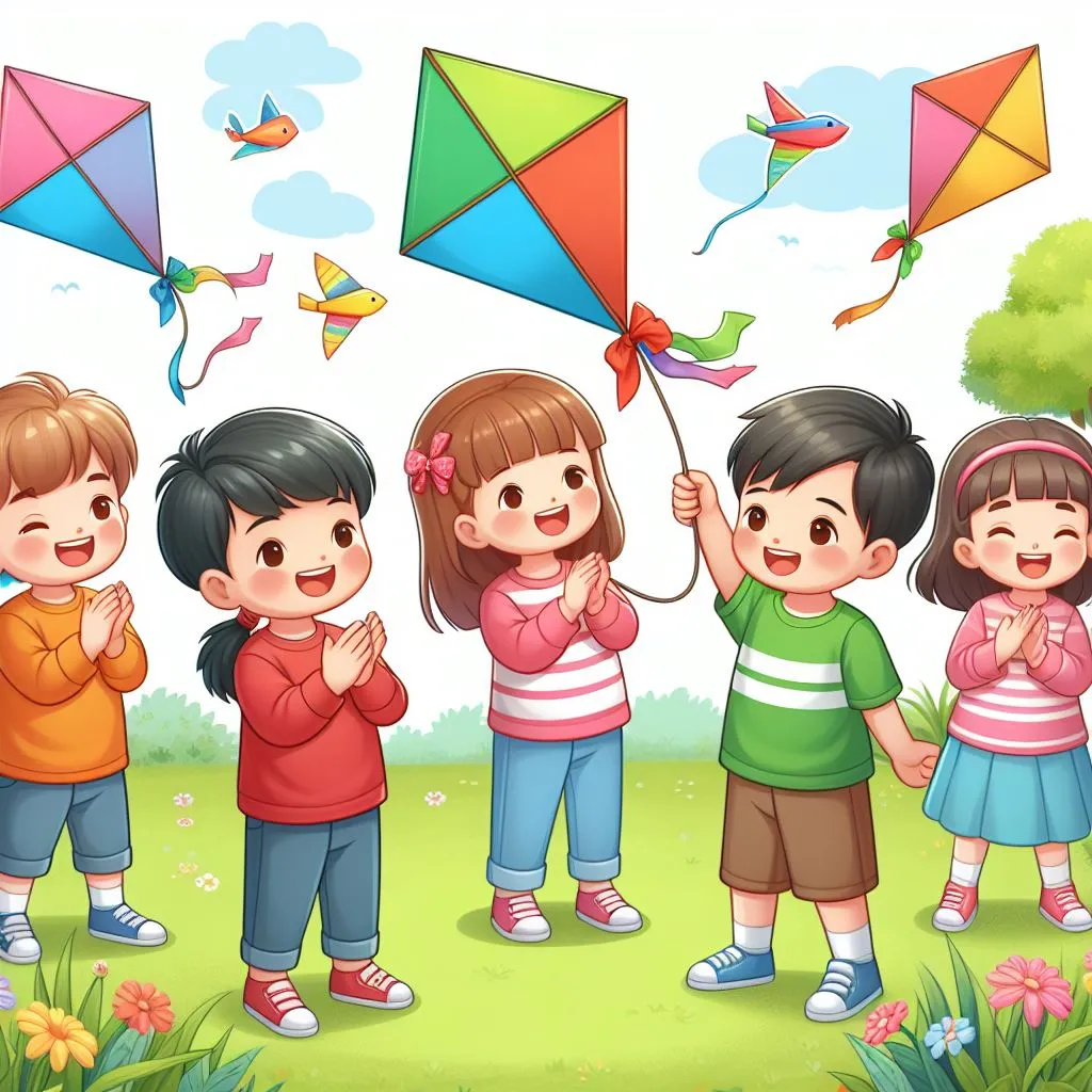 a group of children flying kites in a field