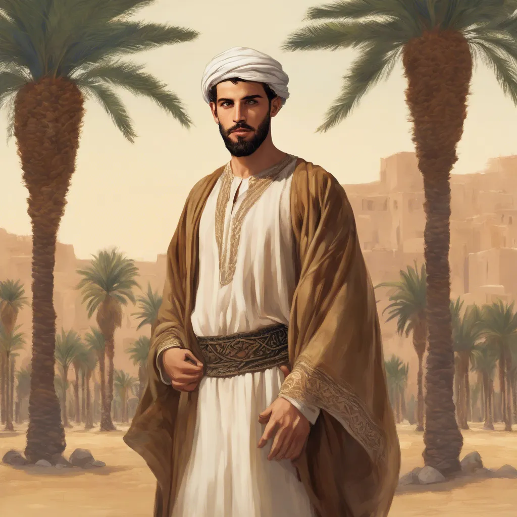 a painting of a man in a desert with palm trees