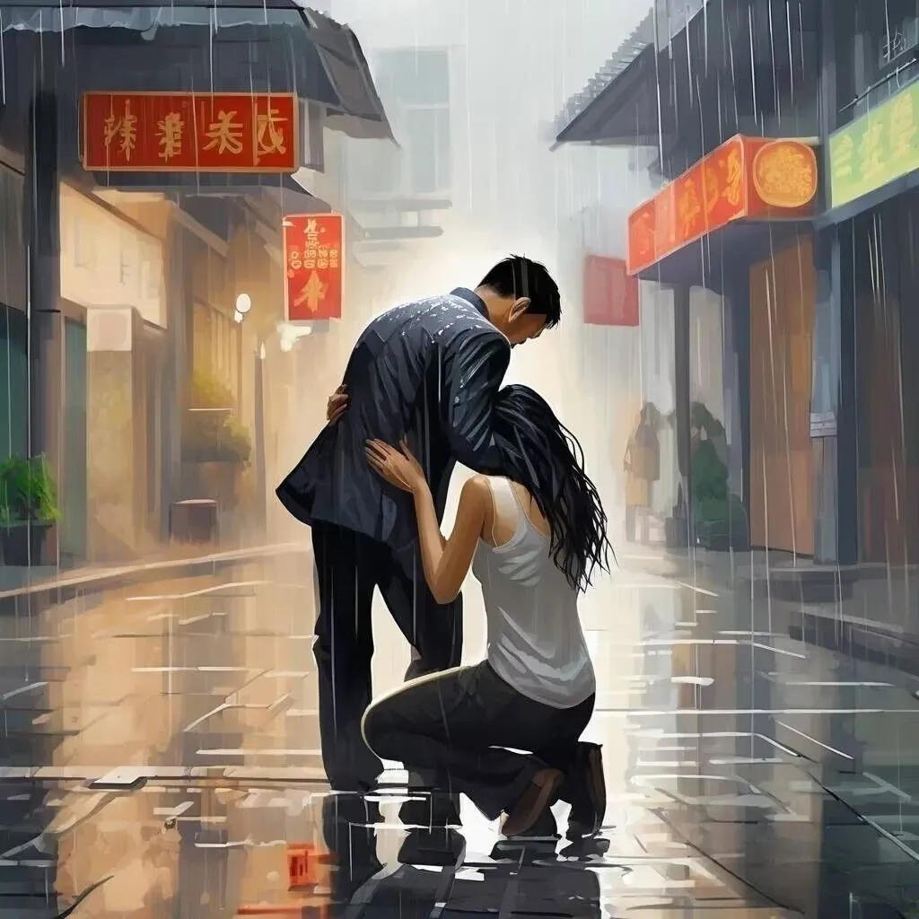 a painting of a man and woman in the rain