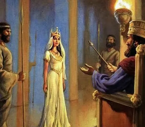 queen esther woman from the bible in a white dress standing next to a man