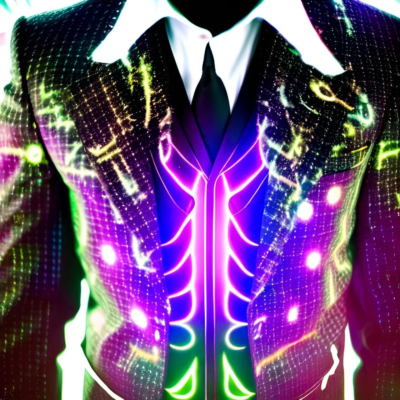 a man wearing a suit and tie with neon lights on it