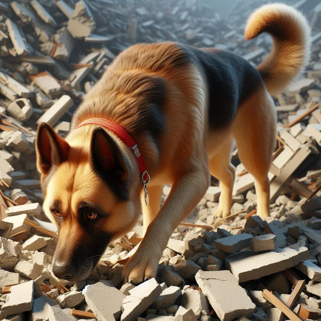 a brown and black dog standing on top of a pile of rubble