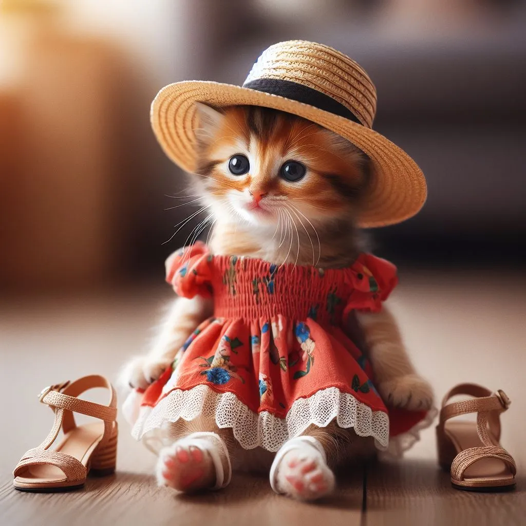 a small kitten wearing a dress and a hat