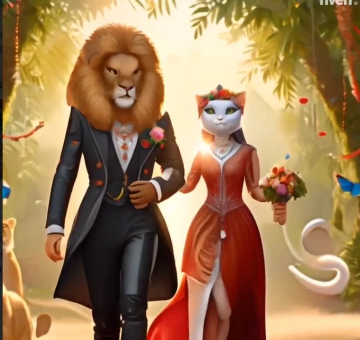 a lion and a woman are walking through a jungle