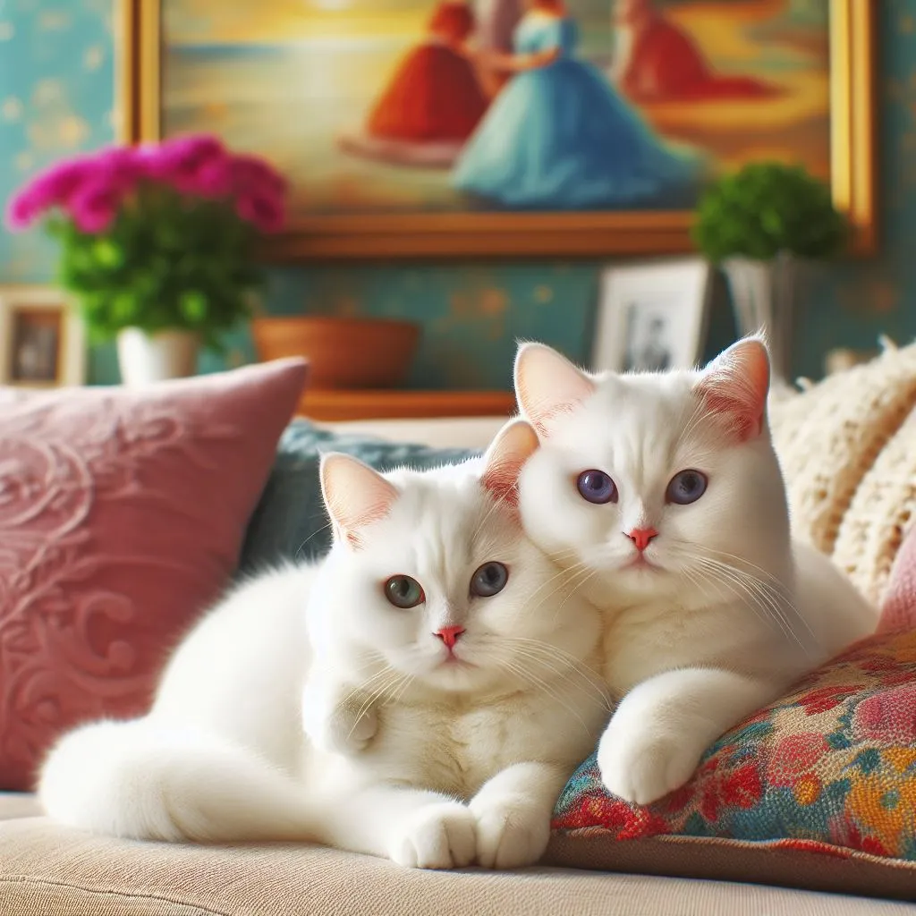 a couple of white cats laying on top of a couch