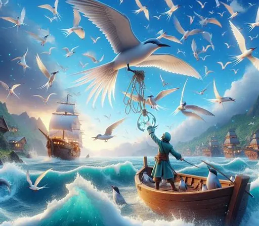 a painting of a man in a boat surrounded by seagulls