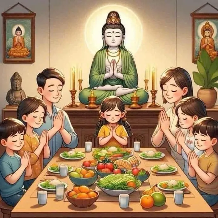 family have lunch to gether they’re pray to Buddha before they eat lunch, advertising style