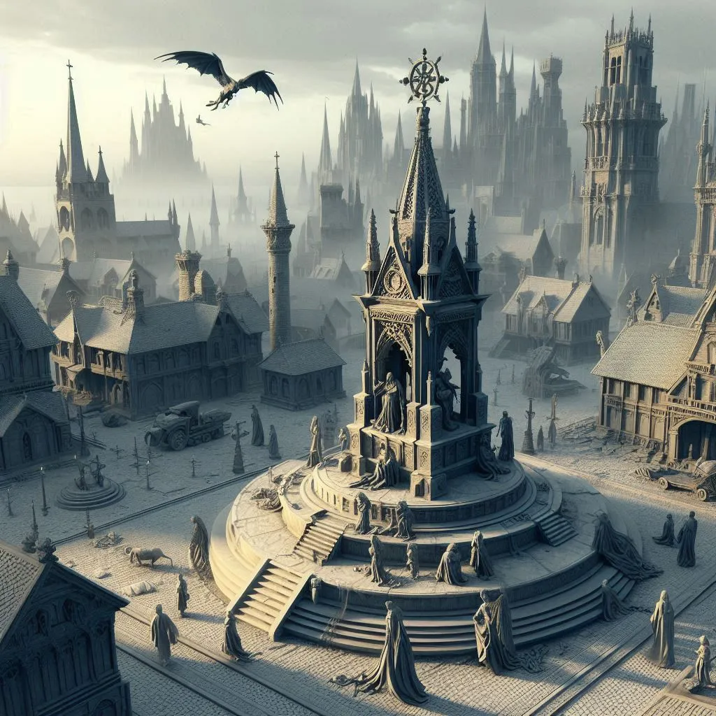 a fantasy city with a dragon flying over it