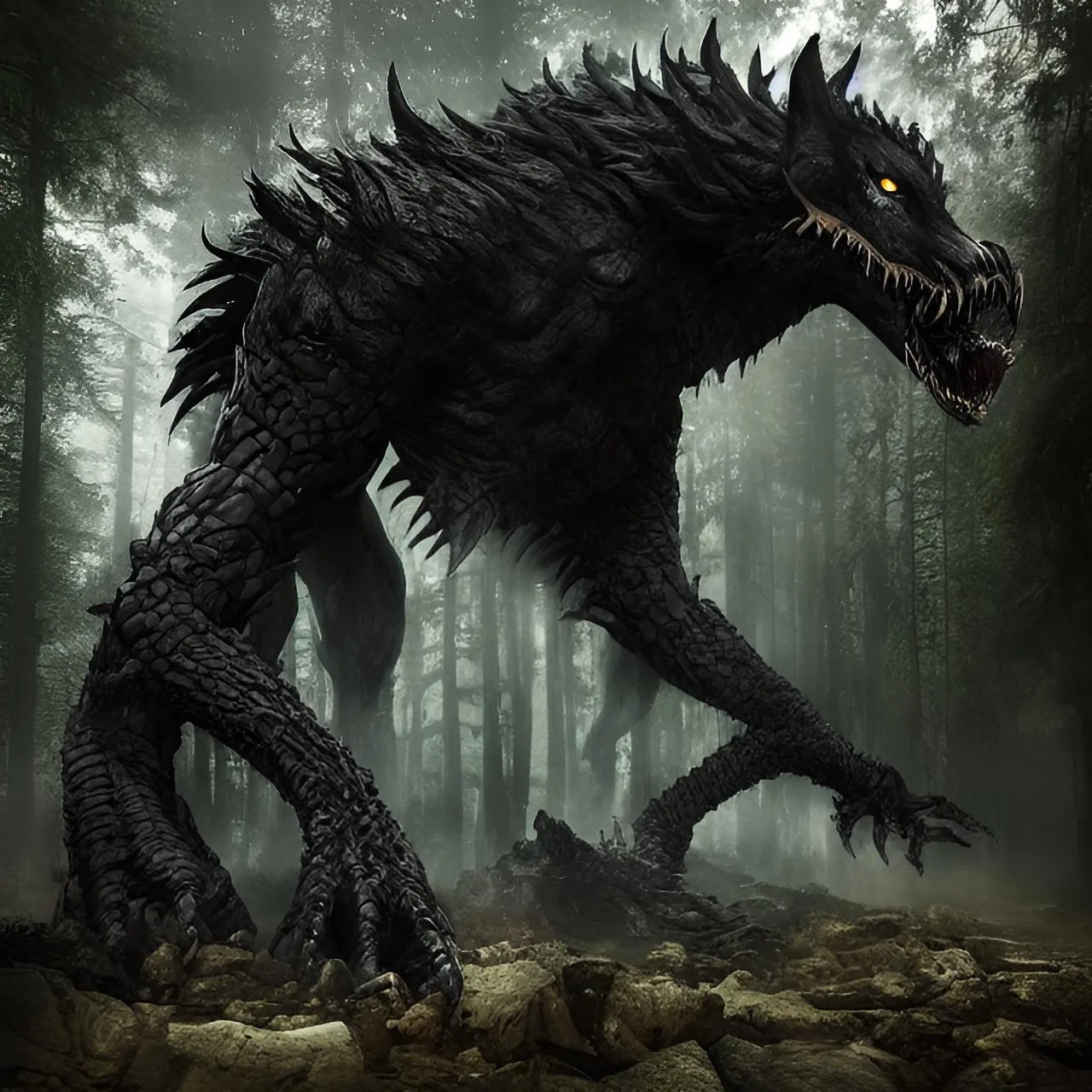 a large black dragon standing in the middle of a forest