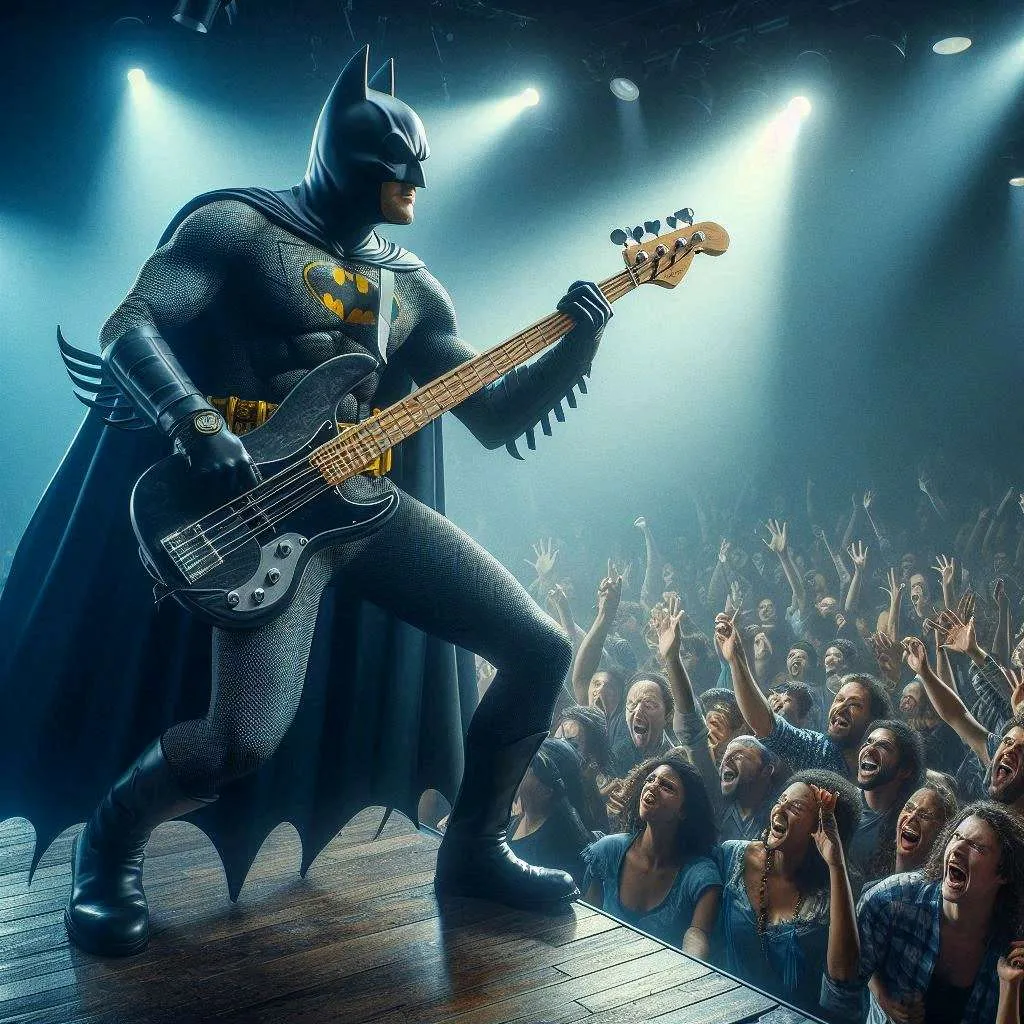 batman playing the guitar at a fast rate while dancing to the rhythm. the crown is jumping up and down. quick pan out., advertising style