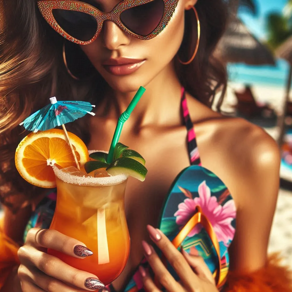 Close-up of a woman wearing colorful flip-flops and stylish sunglasses, holding a tropical drink with a little umbrella in it.