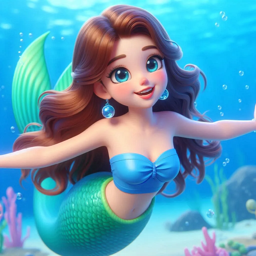 a beautiful mermaid wearing blue  tube blouse,  green  tail  happily swiiming under the sea 3D animation cartoon 