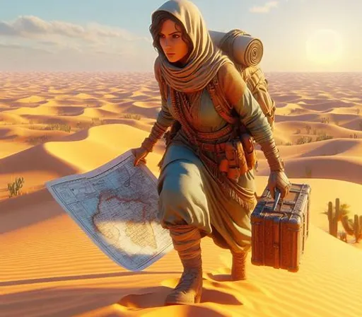 a woman in a desert with a suitcase and a map