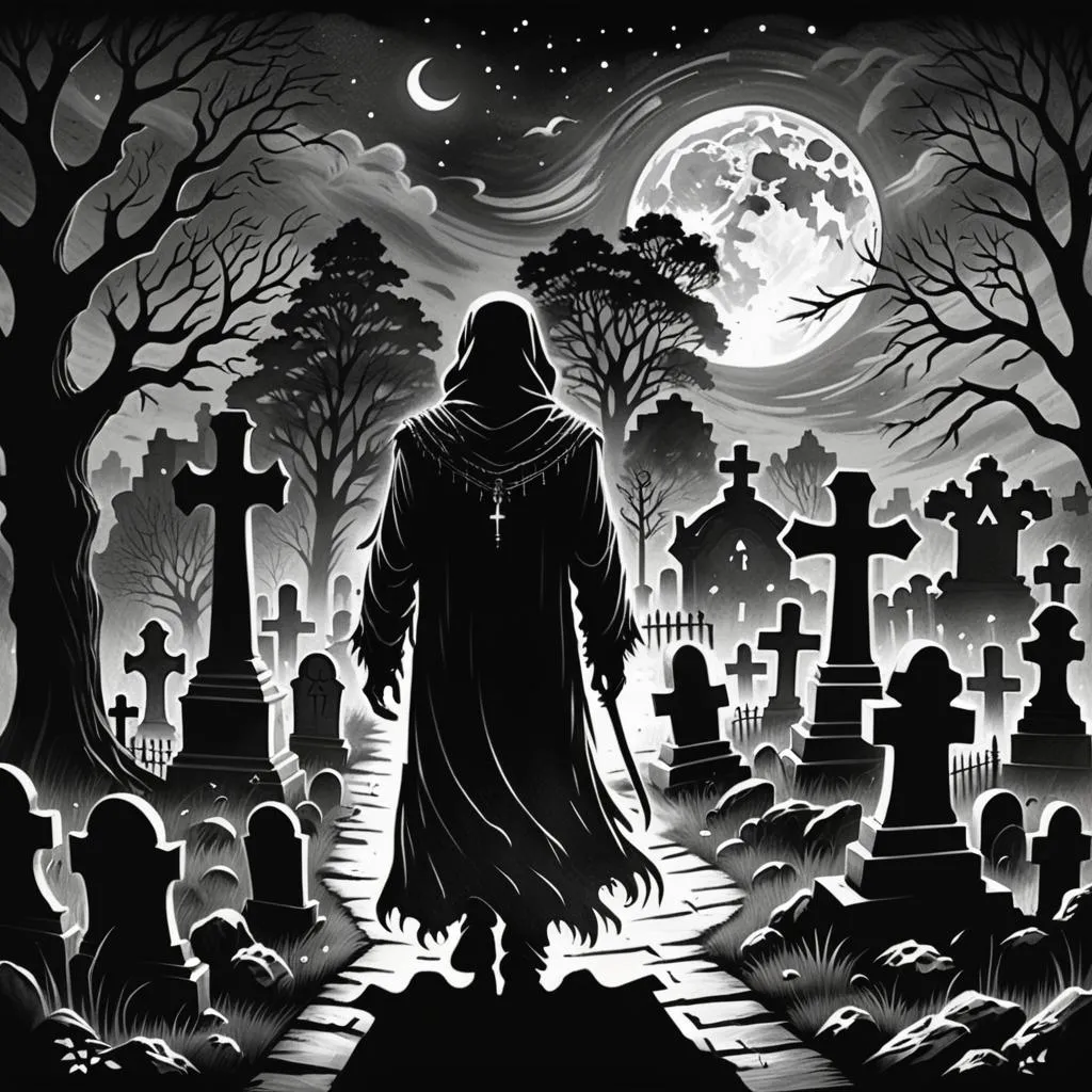 a black and white drawing of a person in a cemetery