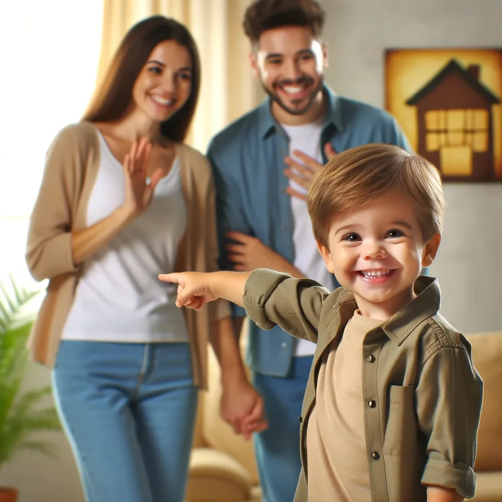 a young boy pointing at the camera with his family in the background