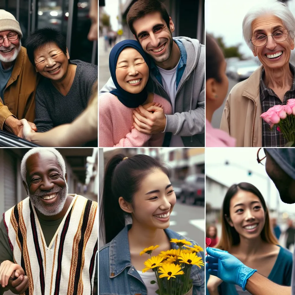 Visual: Acts of kindness such as helping an elderly person cross the street, giving flowers to strangers, and volunteering.Details: Close-ups on faces lighting up with smiles, showing the impact of spreading joy.