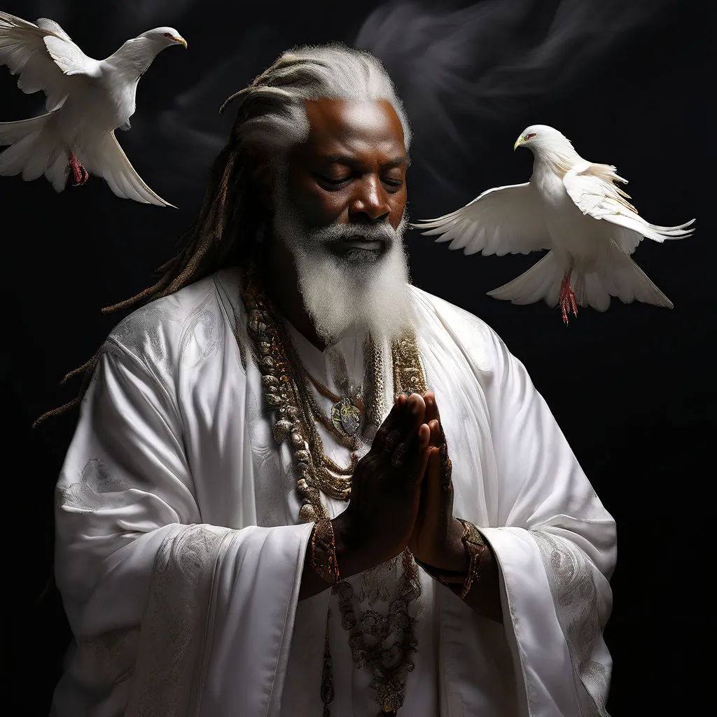 a man with a white beard and long white hair is surrounded by white doves