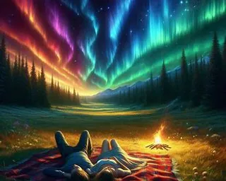 a person laying on a blanket under an aurora bore