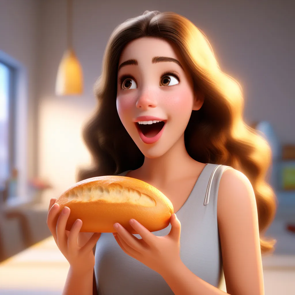 a cartoon character eating bread in a kitchen