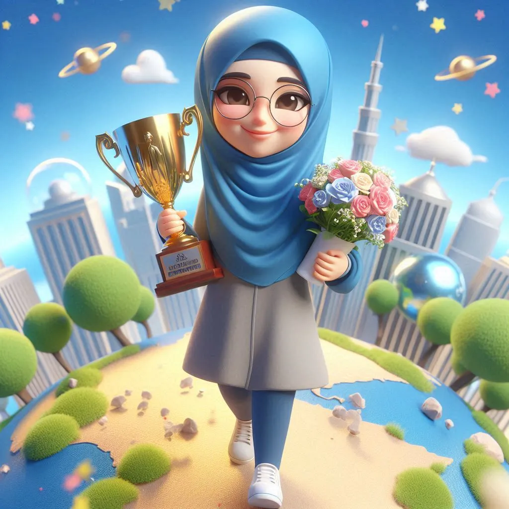 a woman in a hijab holding a trophy and flowers