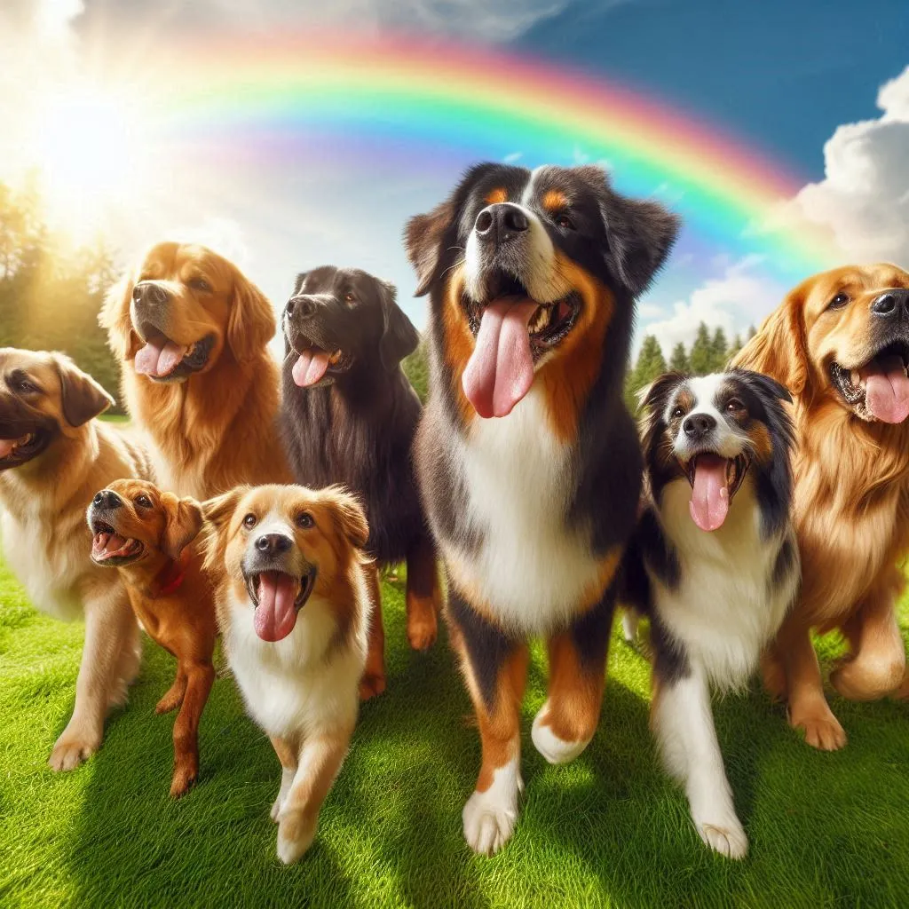 a group of dogs that are standing in the grass