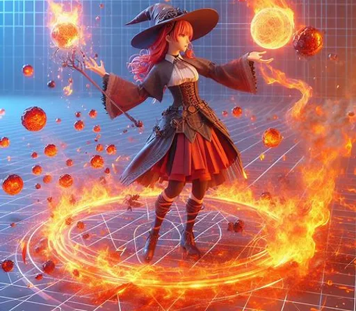 a woman in a witch costume standing in front of a circle of fire