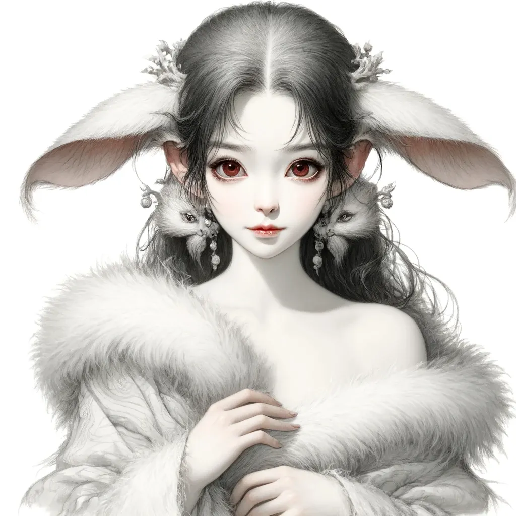 Please do not change the original composition, color and position, add the effect of rabbit ears twitching to the picture, ink painting style, especially the finger part, do not draw wrong